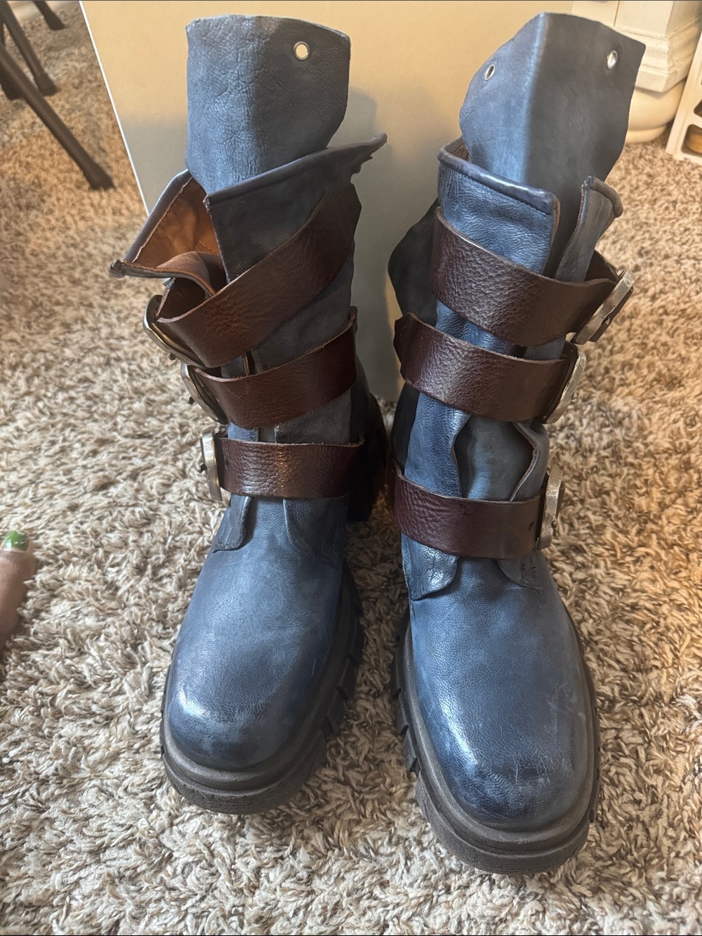 AS 98 Chunky Blue Leather Buckle Boots with Brown Straps
